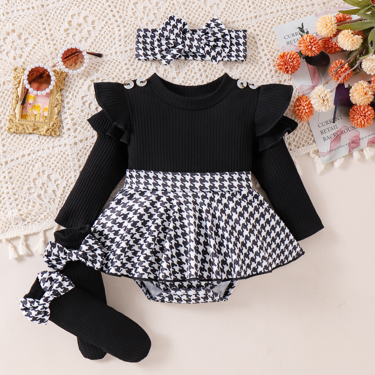 Foreign Trade Cross-border 2024 New Girls' Baby Long-sleeved Hatshirt Houndstooth Hatshirt Bow Hatshirt