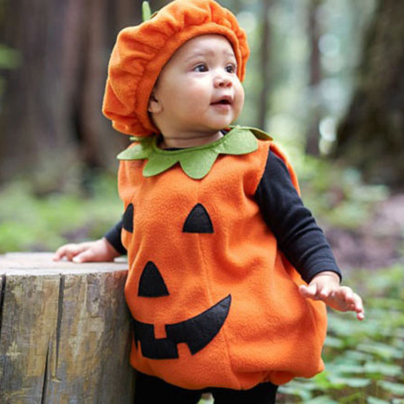 Picture of ins New Baby Halloween New Children's Wear Cute Round Neck Sleeveless Pumpkin Hatshirt Clamping Clothes with Hat