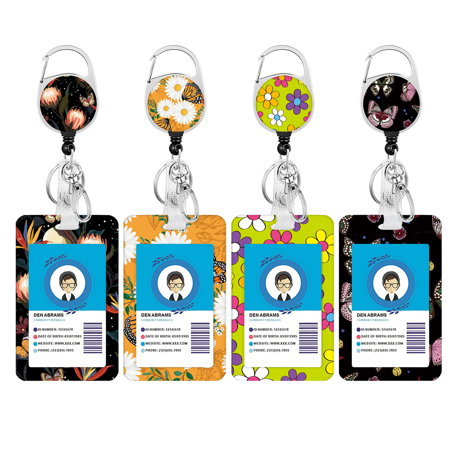 New Fresh Flower Zinc Alloy Easy Pull Buckle Easy Pull Butterfly Daisy Printed Lanyard pvc ID Card Case