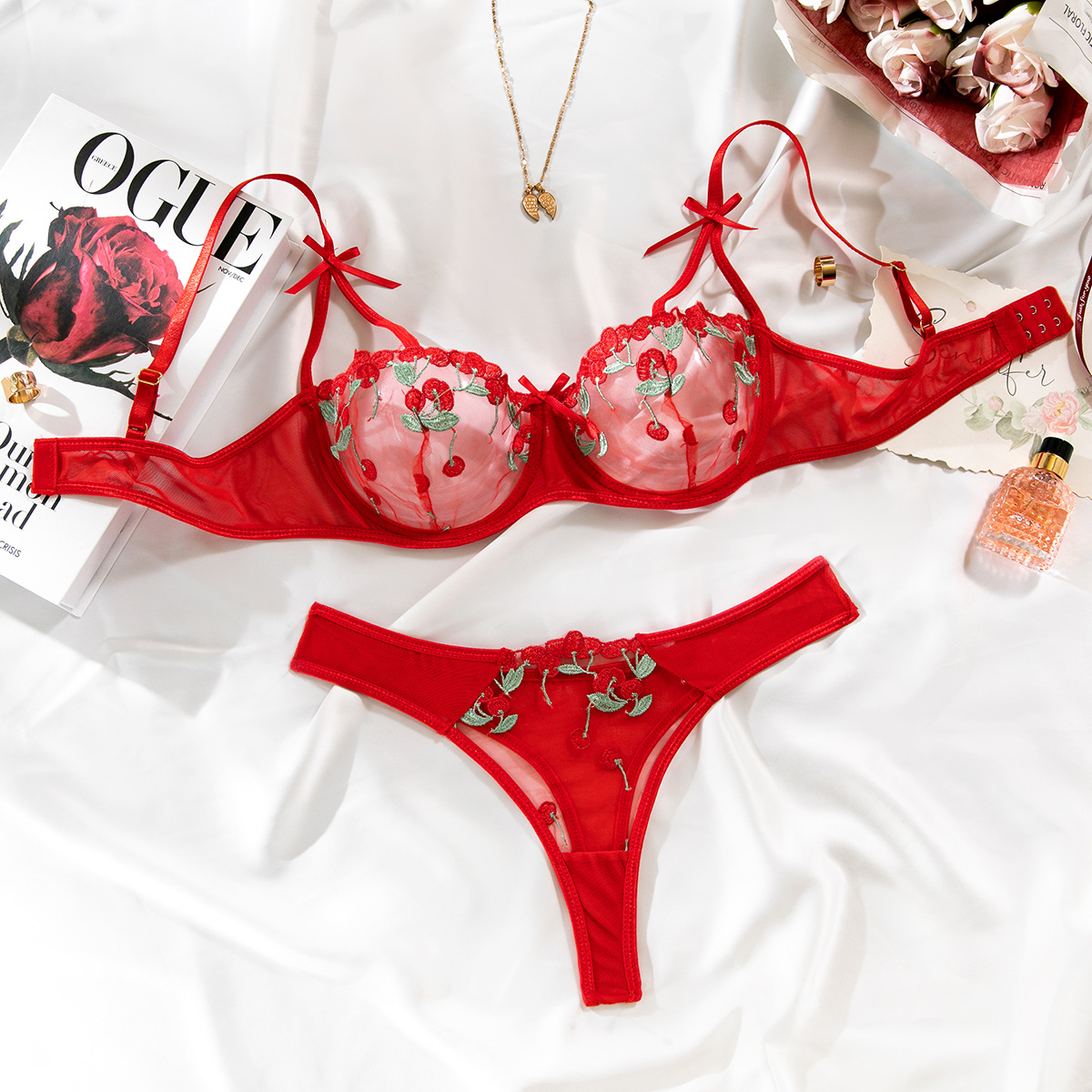 New French Style Pure Desire Girl Embroidered Bow Bra suit Sexy Ultra-thin Mesh Perspective Sex Lingerie for Women