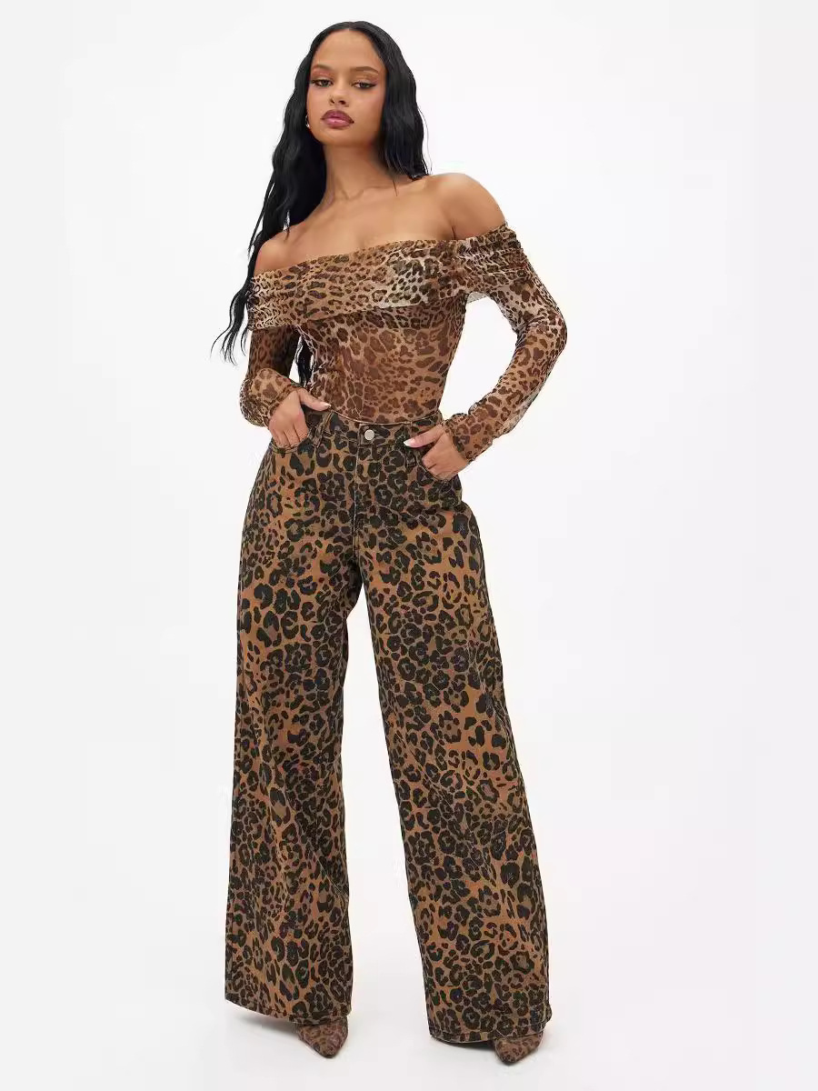 Niche Vintage Leopard-print Wide-leg Jeans Women's High-waisted Loose Slim-fit Distinctive All-match Straight Pants