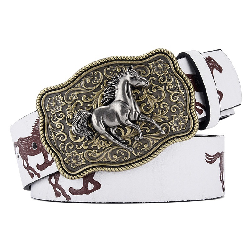 Men's Carved Retro Belt American Western Cowboy Very Busy Animal Horse Pattern Women's Belt Personalized Ethnic Style