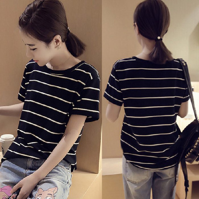 2023 Summer new Korean style Foreign trade student striped short-sleeved T-shirt women's top women's classic loose round neck