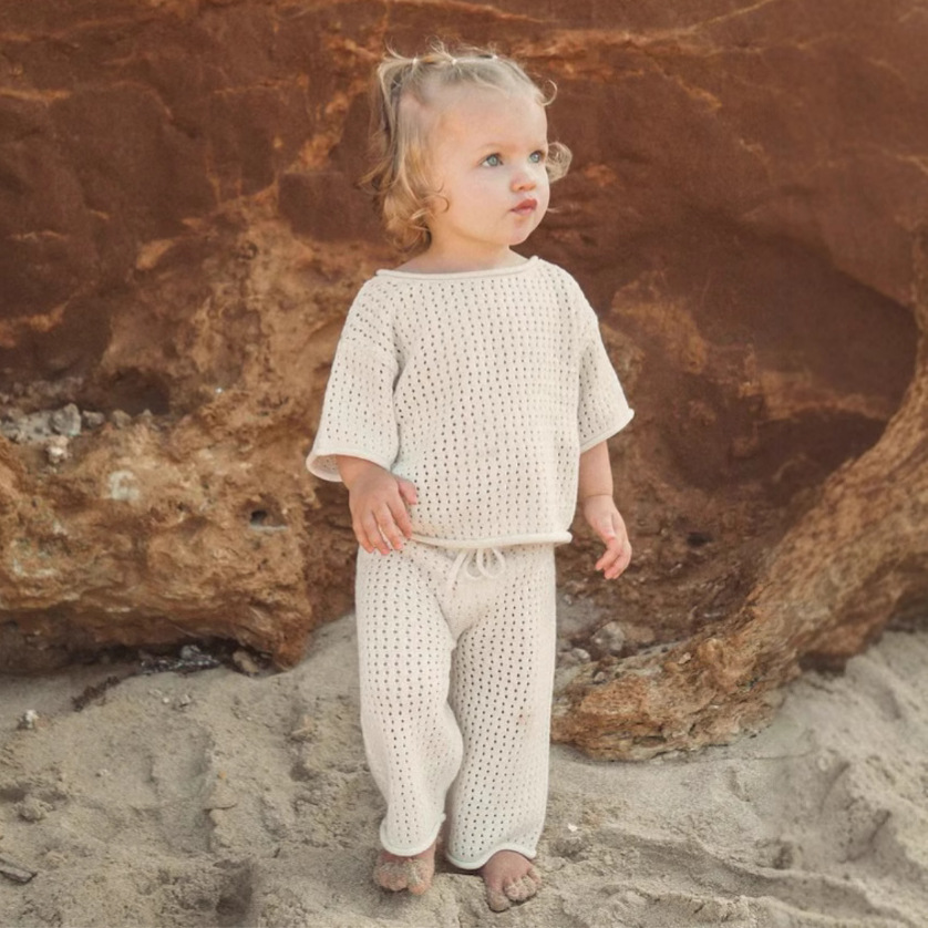 Baby Summer Hollow Breathable Curled Knit Sweater Short-sleeved Top Trousers suit Baby Cotton Sweater