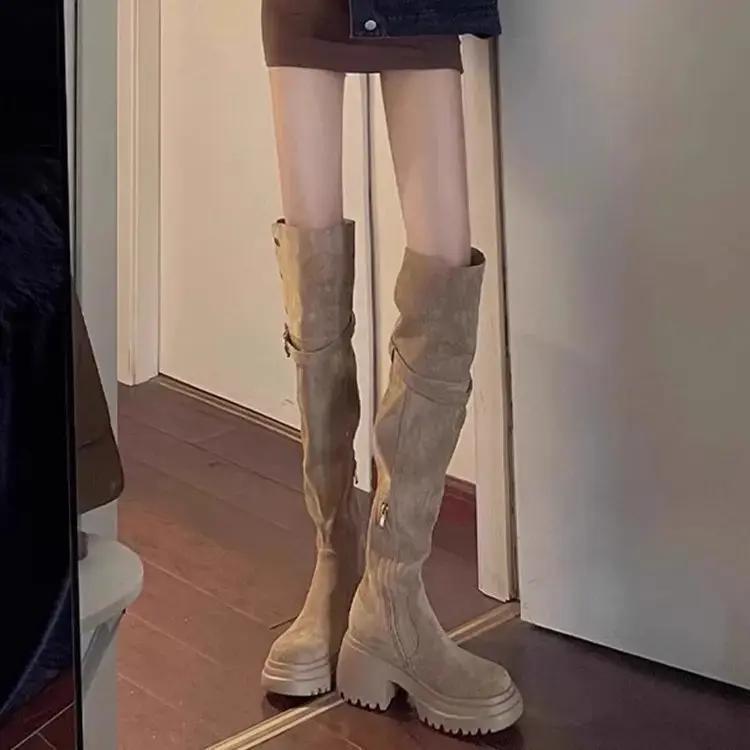 Warm Over-the-Knee Boots Women's Vintage Lapel Knight Boots Thick Heel Thick-soled Long-length Snow Boots Maillard Winter fleece-lined