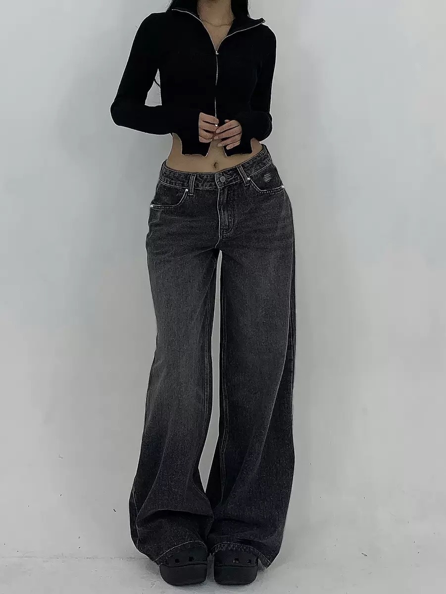 Cross-Border Retro Distressed Washed Drapey Jeans for Women High-Waisted Straight Loose Slimming Wide-Leg Floor-Length Versatile Pants