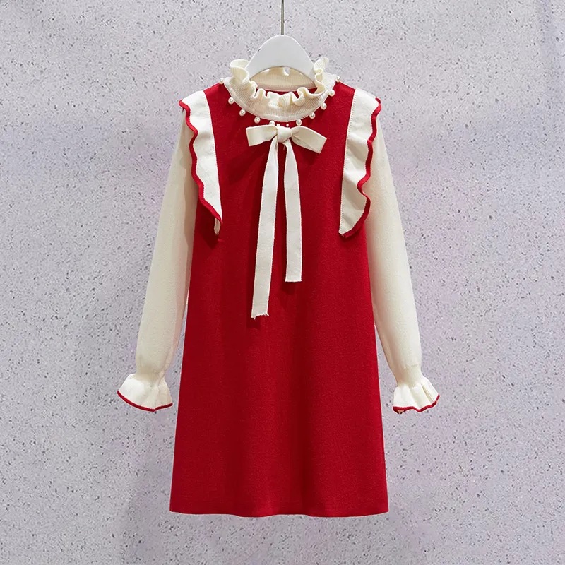 Girls' Sweater Girls' Knitted Dress New Year's Winter New Style Western Style Baby Girl Red Pearl Dress