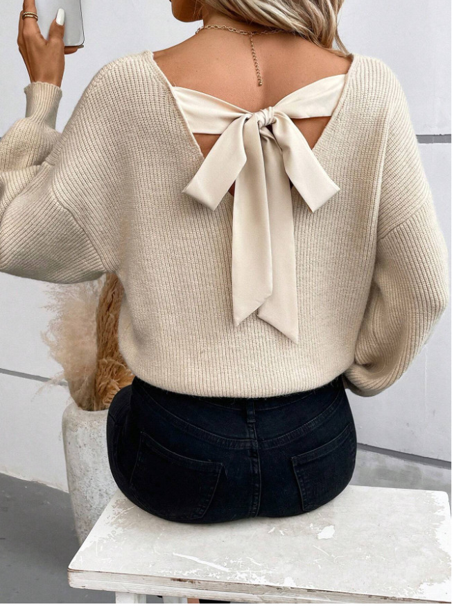 Picture of European and American cross-border women's V-neck solid color sweater, autumn foreign trade new long-sleeve casual loose bow top for women