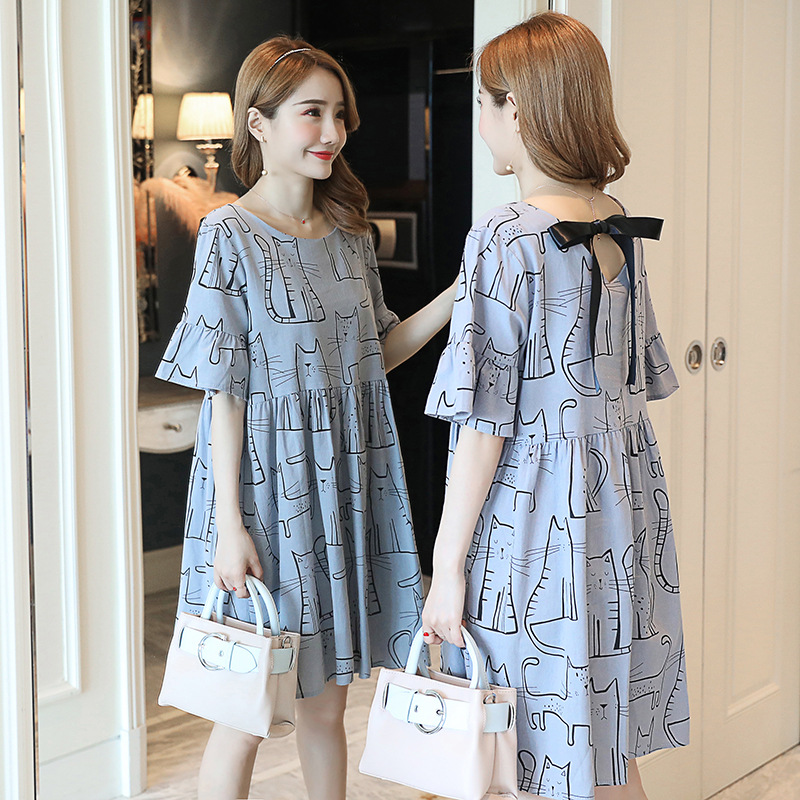 Picture of Pregnant Women's Summer Top New Mid-length Cartoon Dress Fashion Bow Loose Large Size Cotton and Linen Skirt