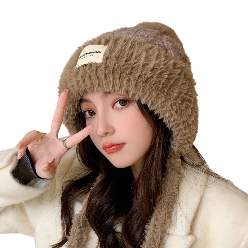 Warm plush ear protection cap fleece-lined big head circumference knitted hat for children autumn and winter sweet cute wool hat thickened