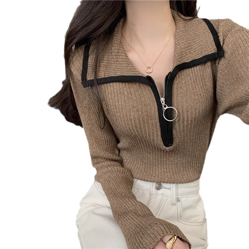 Picture of Zipper Lapel Sweater 2023 Autumn/Winter Long Sleeve Slim Fit Color-Block Knitted Top for Women