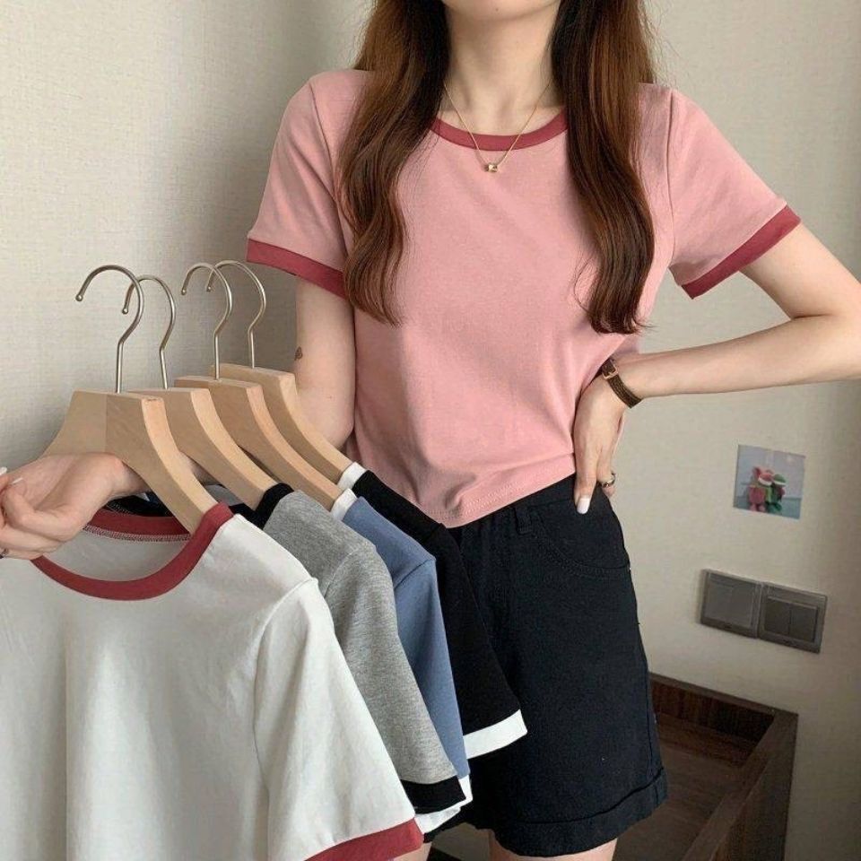 Picture of Contrast Color Round Neck Short Sleeve T-Shirt Women's 2025 New Summer Base Shirt Korean Style Slim Fit Short Student Top Trendy