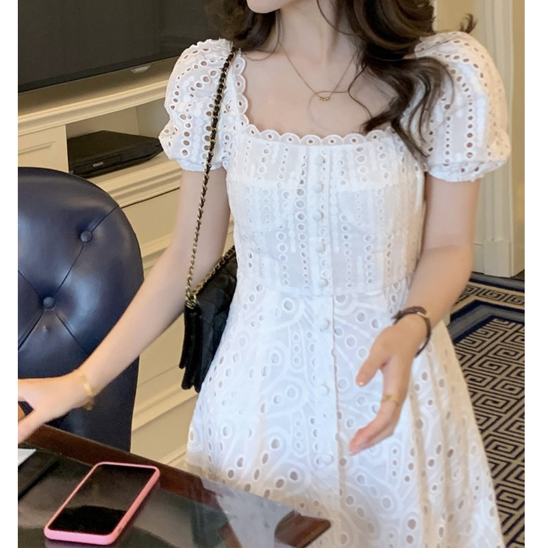 French Simple Summer Camellia/French Embroidery Lace Tea Break Long dress Women 2025 Summer New
