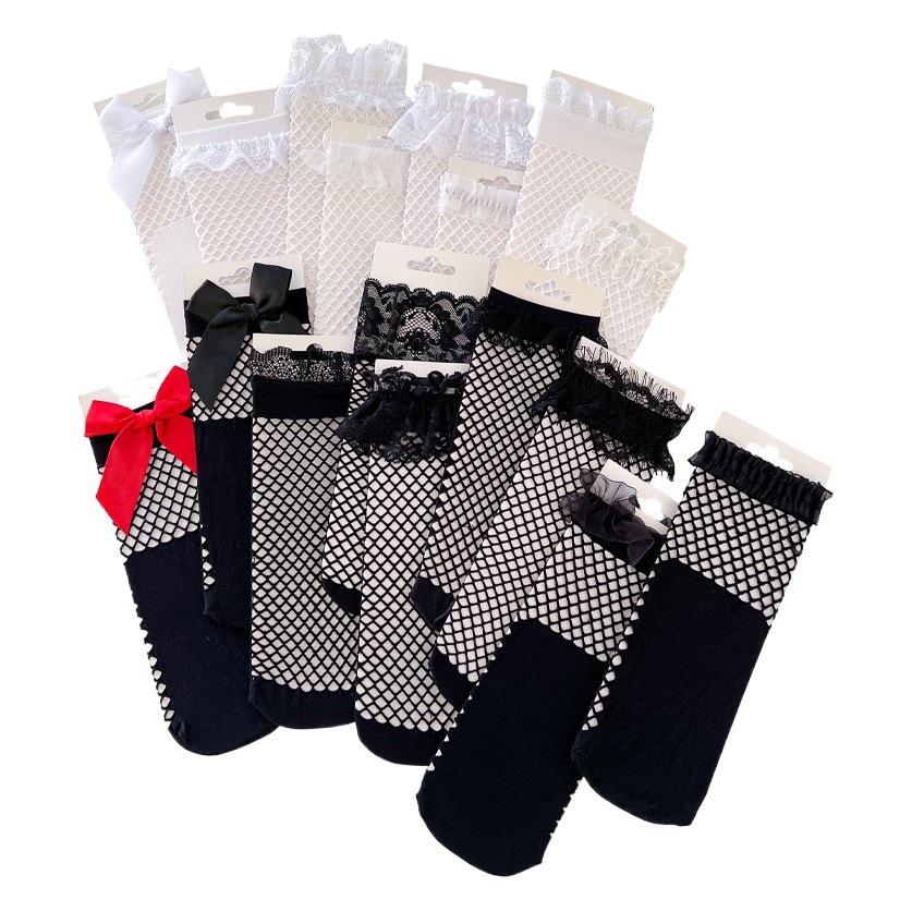 JK mid-tube socks fishnet hollow lace bow socks Lolita wear cub socks JK girls fishnet socks