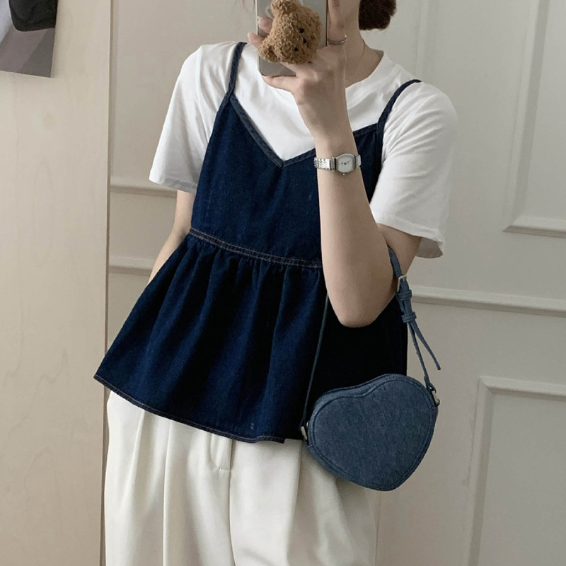 Picture of Pleated Design Ruffled V-neck Thin Denim Vest All-match Age-reducing Loose Outer Wear Sling Dark Top for Women