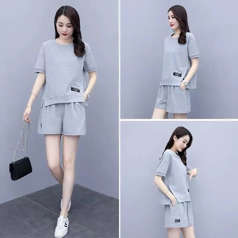 ((Original Embroidered)) Sportswear Women's New Korean Style Fashion Round Neck Short Sleeve Shorts Casual Running Two-Piece Set