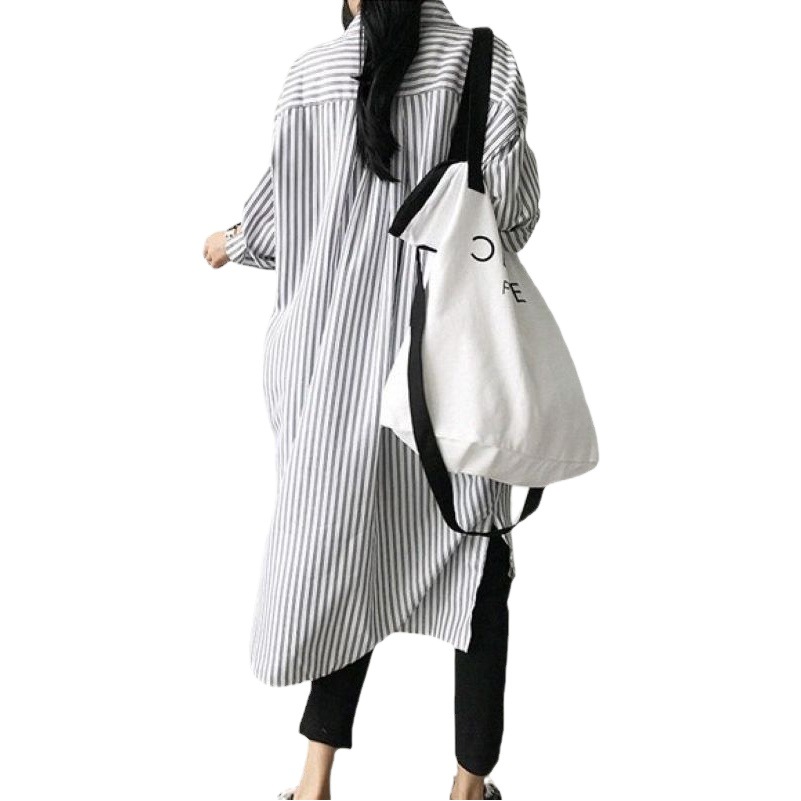 2022 early autumn lazy cold wind long striped shirt dress loose plus size women's Korean striped long lining