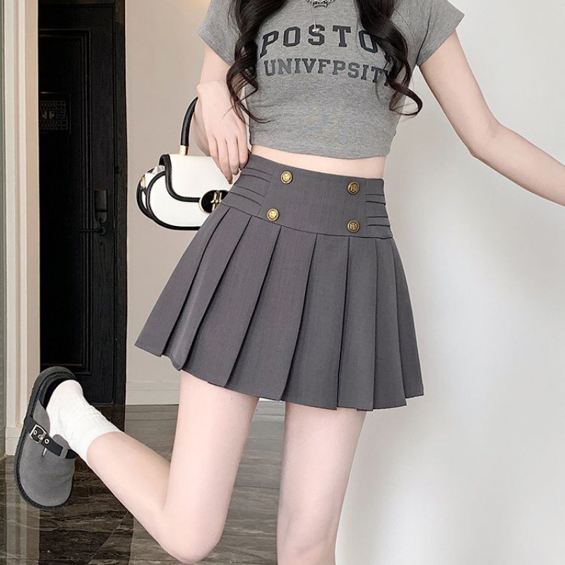 Vintage Breasted Suit Skirt Women's 2024 New Summer College Style High Waist Slimming A- line Pleated Skirt
