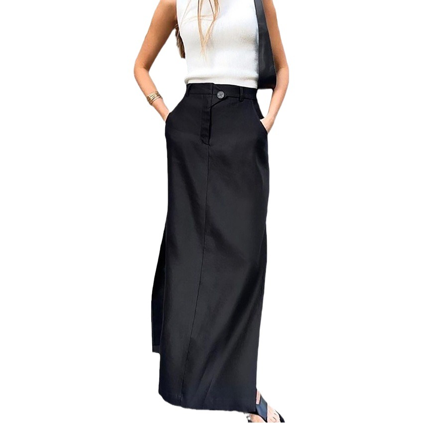 Black Elegant Brocade Slit High Waist Commuter Skirt 2025 European and American New Autum Fashion Export Long Skirt for Women