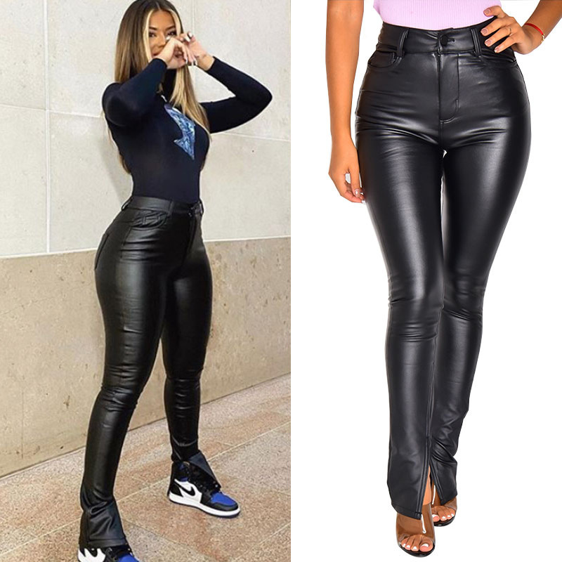 Cross-border supply of European and American wish casual pants 2024 autumn and winter high waist slim tight women's pants PU Amazon leather pants