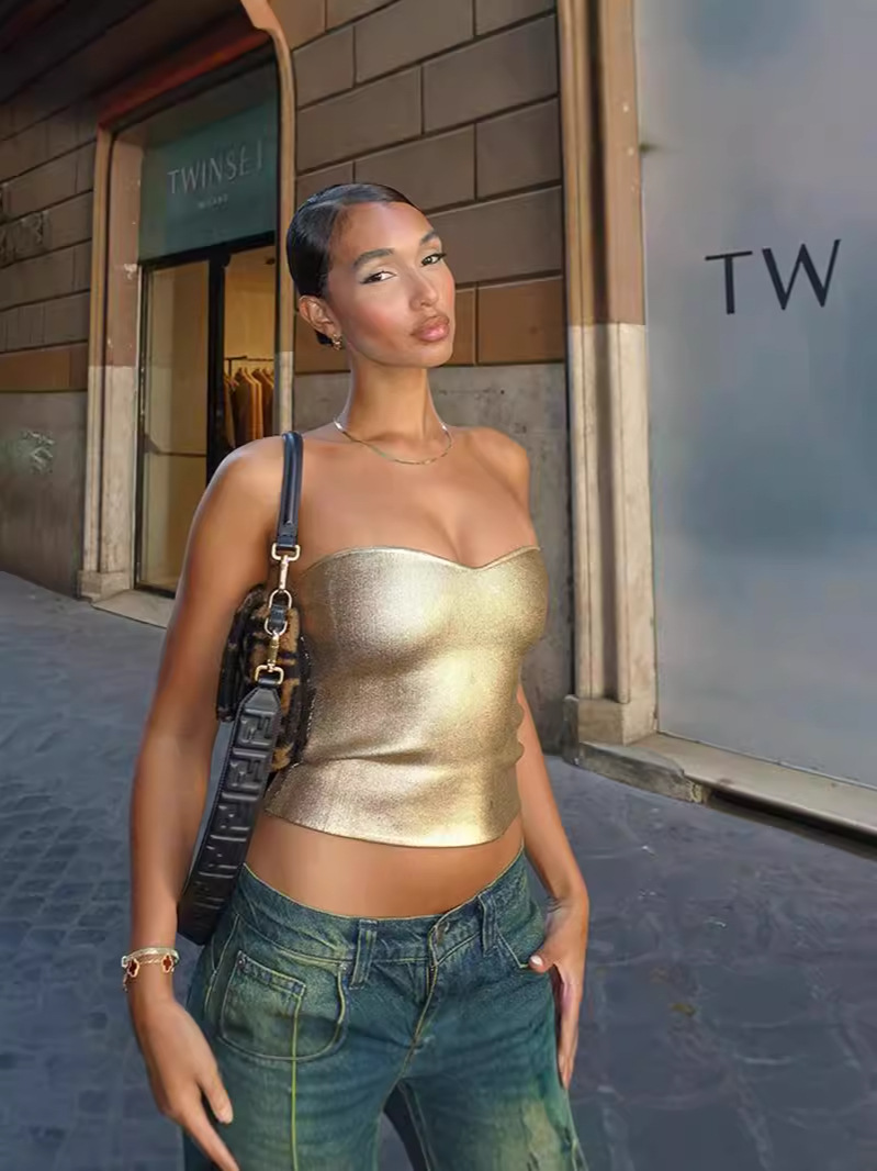 European and American Cross-border Women's Autumn and Winter New Solid Color Casual Navel Sleeveless Bronzing Slim-fit Tube Top