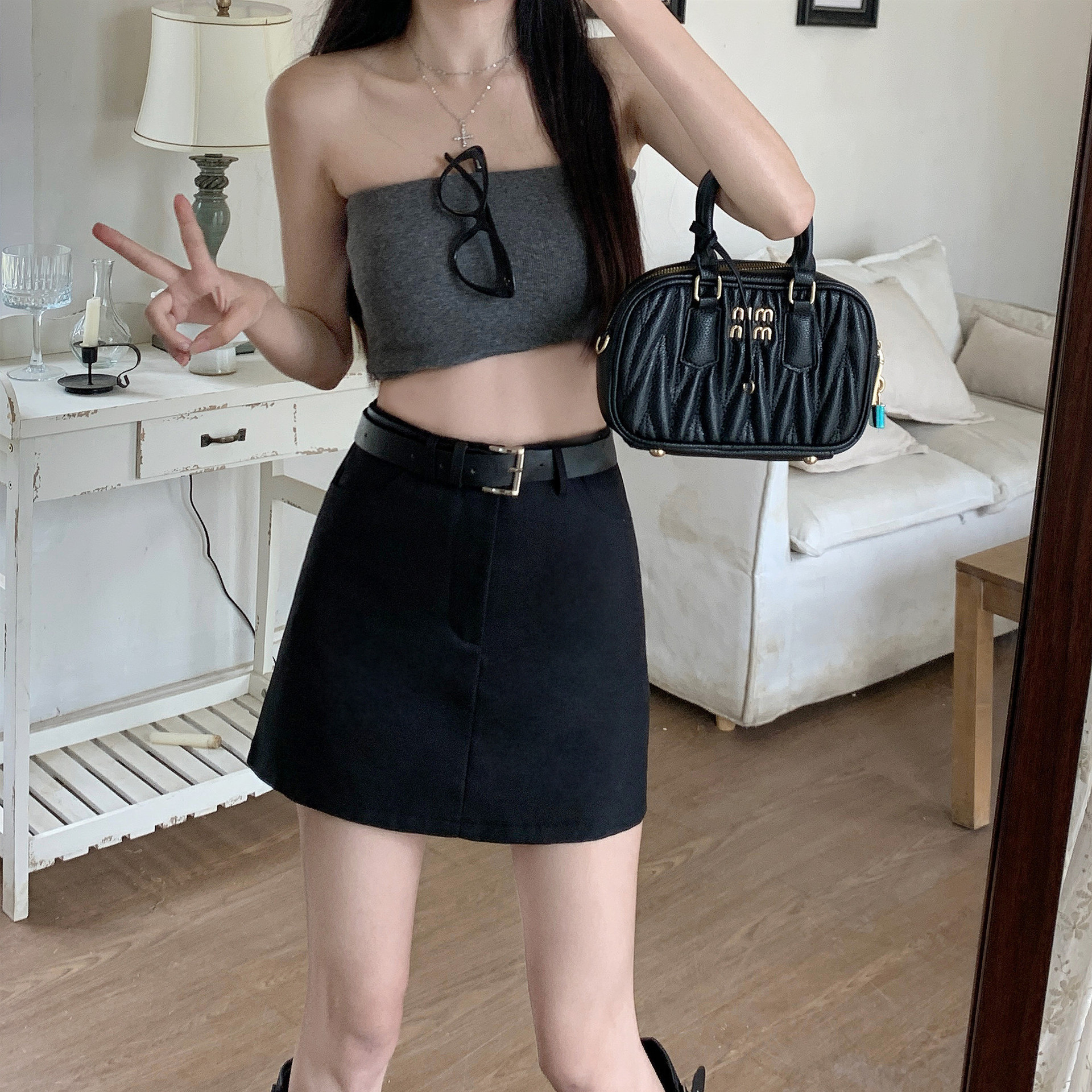 2023 Elegant Black Sheath Skirt Women's Anti-glare A- line Skirt Small Summer High Waist Slim-fit Slimming Skirt