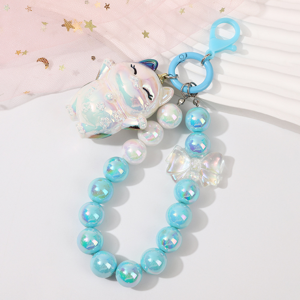 Picture of Girl heart lucky cat beads keychain two-color pearl beaded mobile phone chain bag keychain pendant