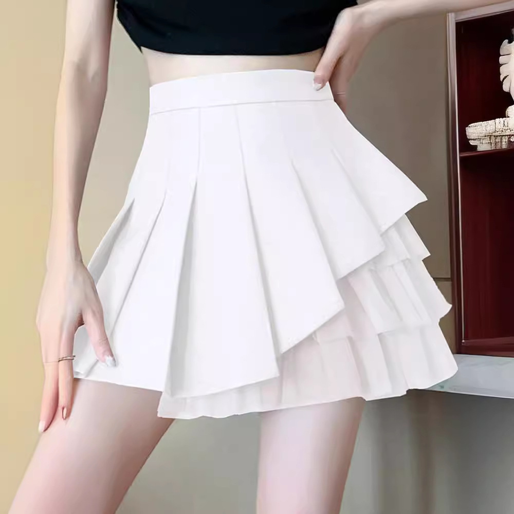 2025 Summer New Style Mesh Stitching Pleated Skirt Women's Small High Waist Slim A- Line Shaggy Skirt