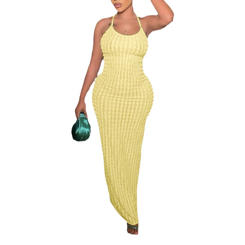 Cross-border European and American-style 2023 summer women's new suspenders backless temperament hot girls solid color Popcorn dress