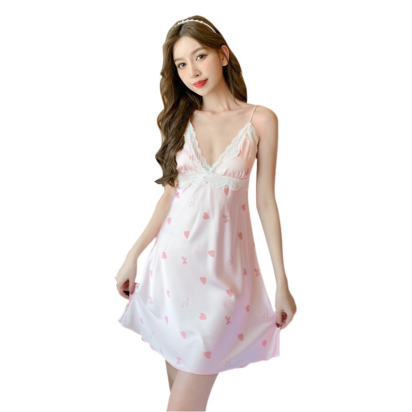 Sling Backless Printed Satin Chiffon Women's Home Clothes Summer Cool Breathable Thin Ice Silk Nightdress Hanging Skirt
