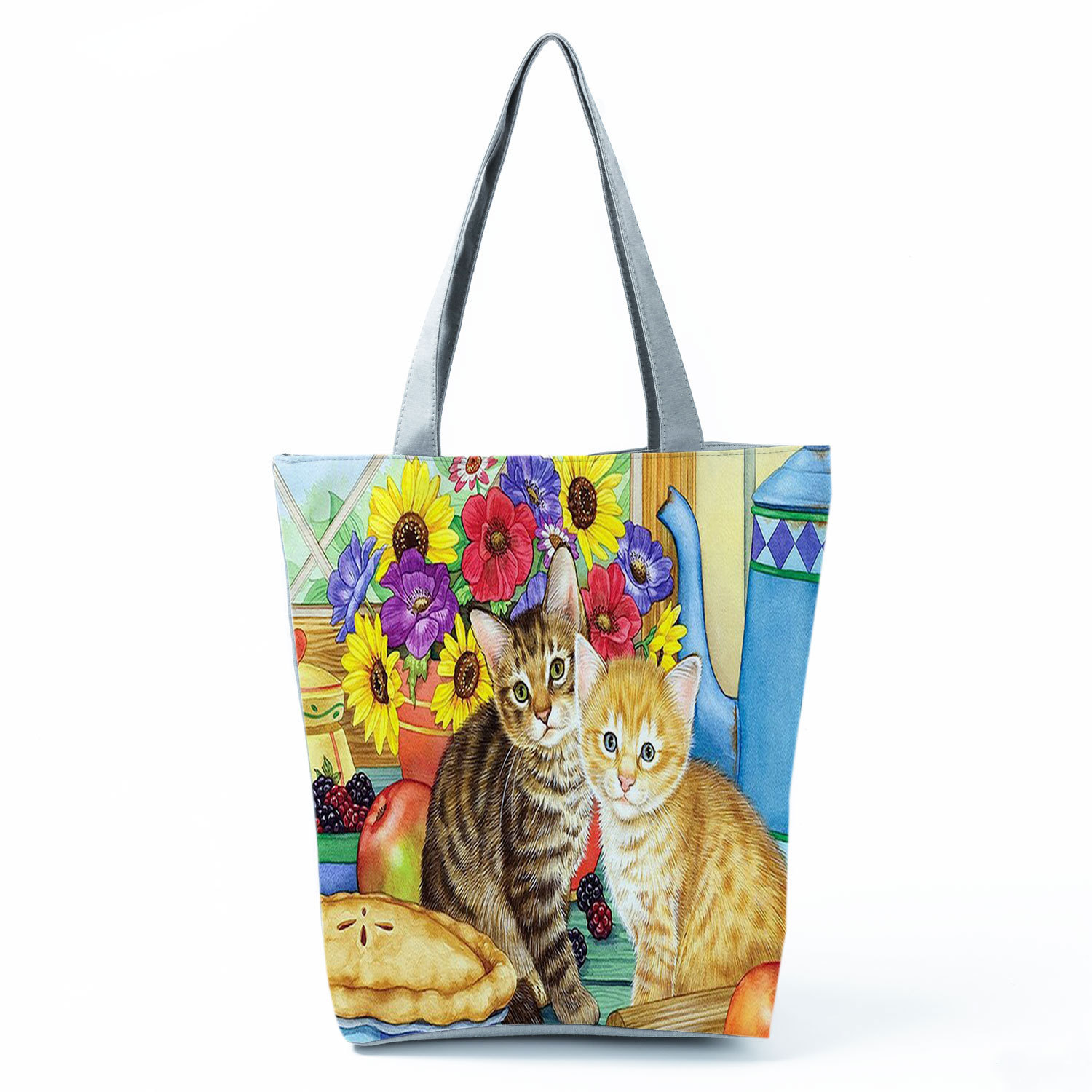 Picture of New cute flower cat printed shoulder bag portable travel storage bag large capacity outdoor tote bag