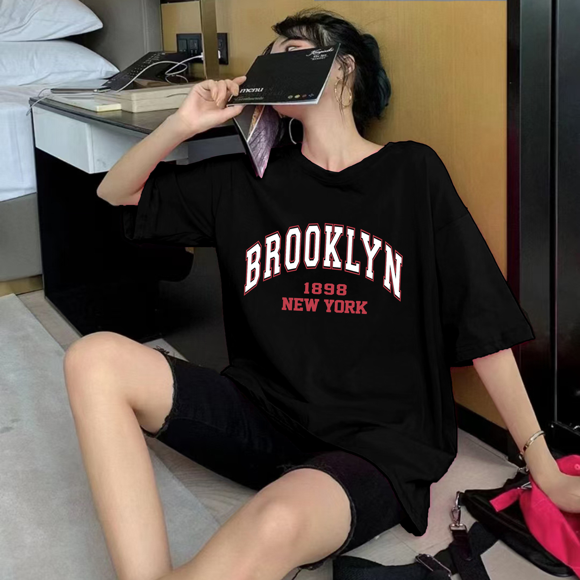 Cross Border shirt Spring and Summer NEW Arrival Shoulder Sleeve BROOKLYN NEW YORK Pattern Women Shoulder T-Shirt