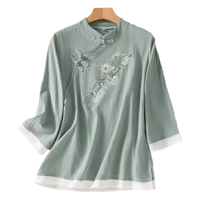 Retro embroidered cotton and linen three-quarter sleeve t-shirt women's summer 2023 new V-neck artistic temperament thin casual top fashion