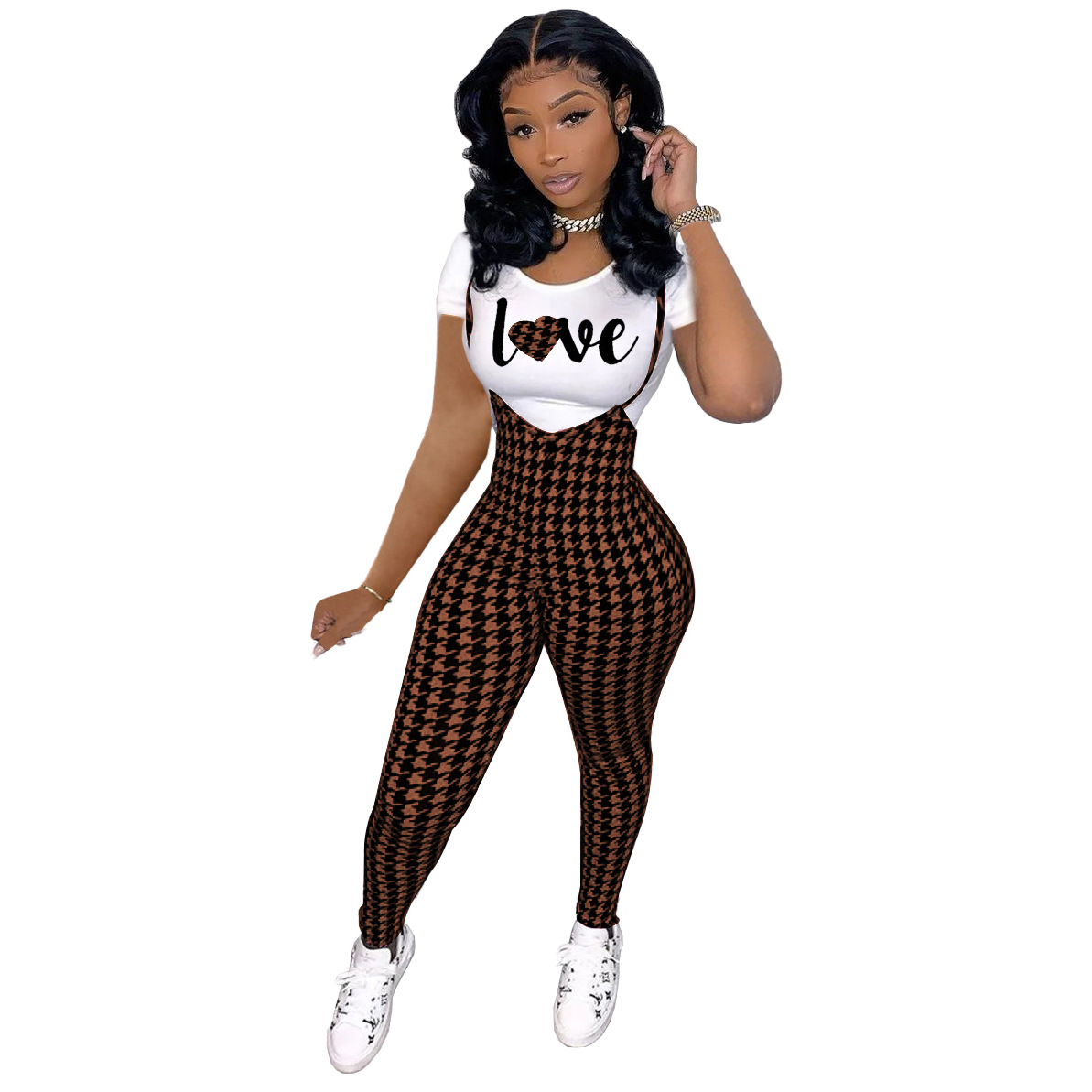 Picture of D9828 Amazon Hot Selling European and American Women's Fashion Pattern Printed Short Sleeve T-Shirt + Sling Jumpsuit Set