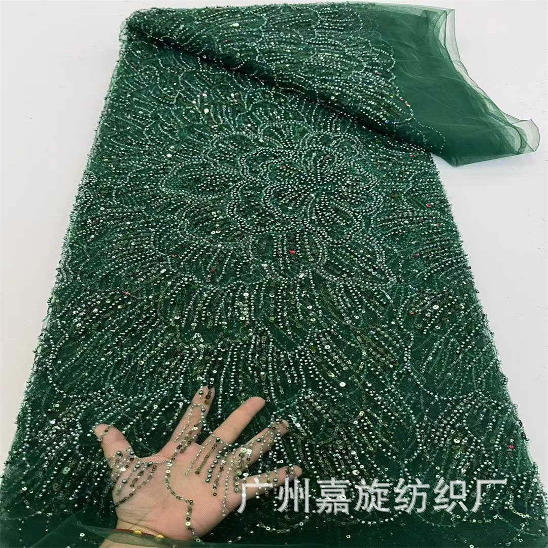 Picture of African large flower beaded tube sequin wedding dress fashion fabric 5yards African beaded lace