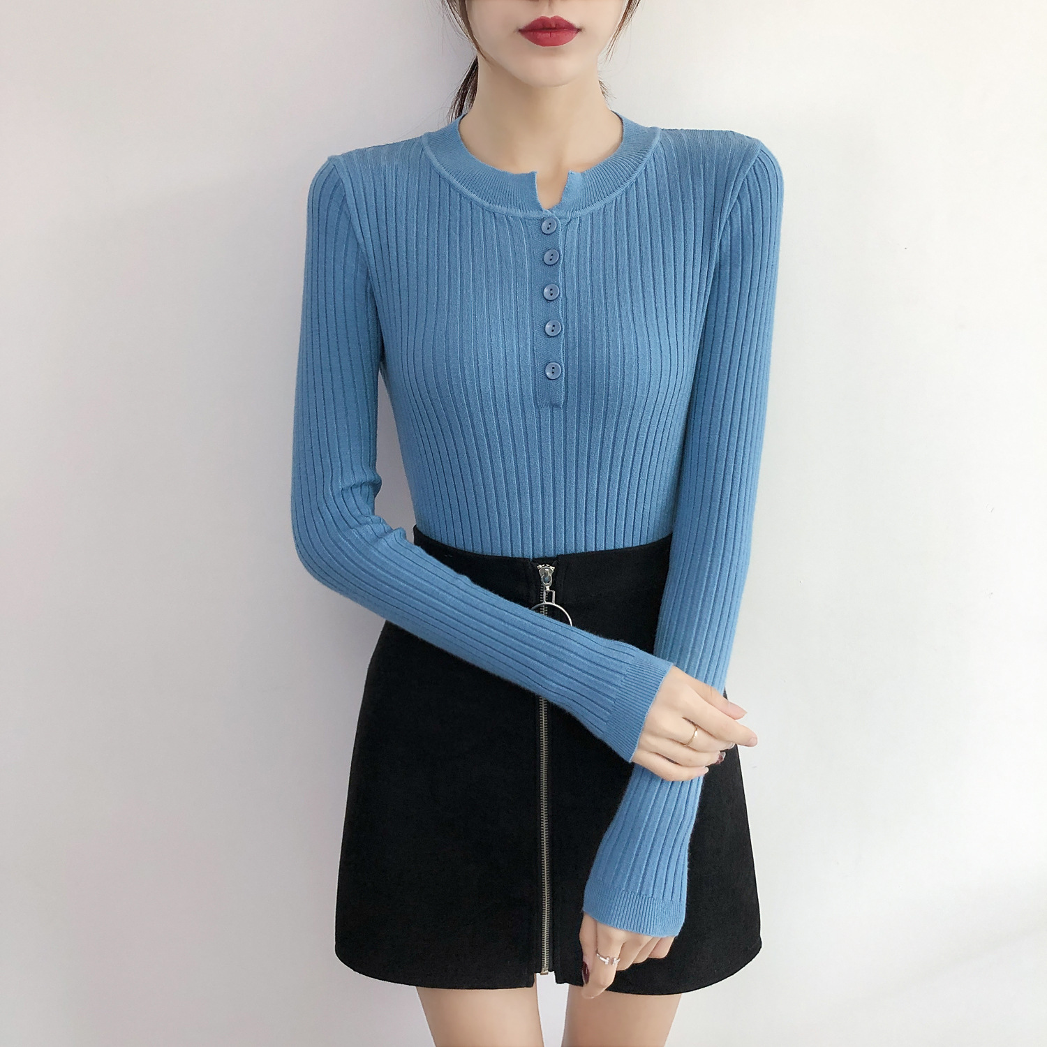 Picture of Real shot autumn and winter New Low round neck leaky collarbone knitted bottoming shirt slim short thin sweater button top