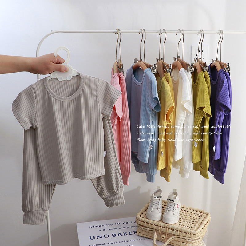 Picture of Children's Home Wear Set Korean Style Casual Unisex Solid Color 2024 Summer New Pajamas Children's Clothing Wholesale Short Sleeve