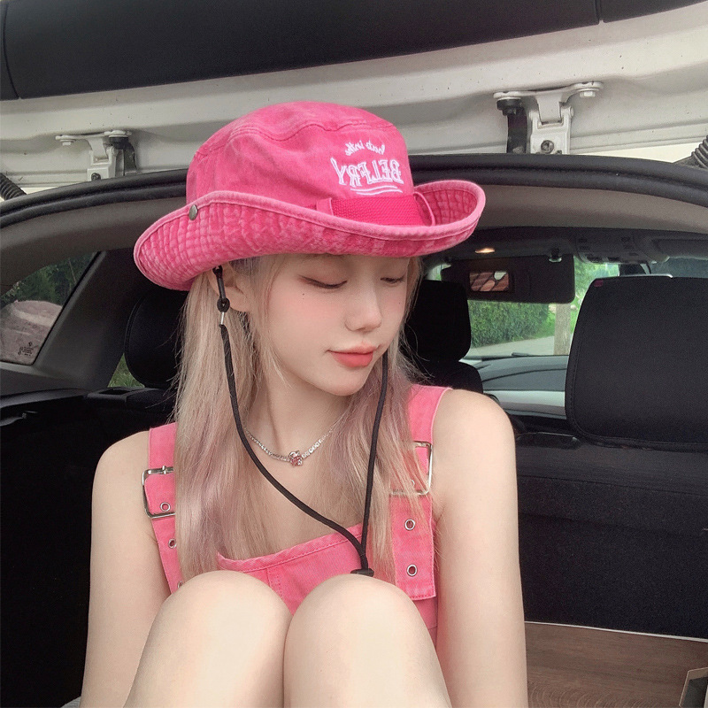 Picture of Japanese ins White Rose Pink Embroidered Fisherman Hat Children's Summer Sunshade Sunscreen Hat Outdoor Camping Hiking Hat