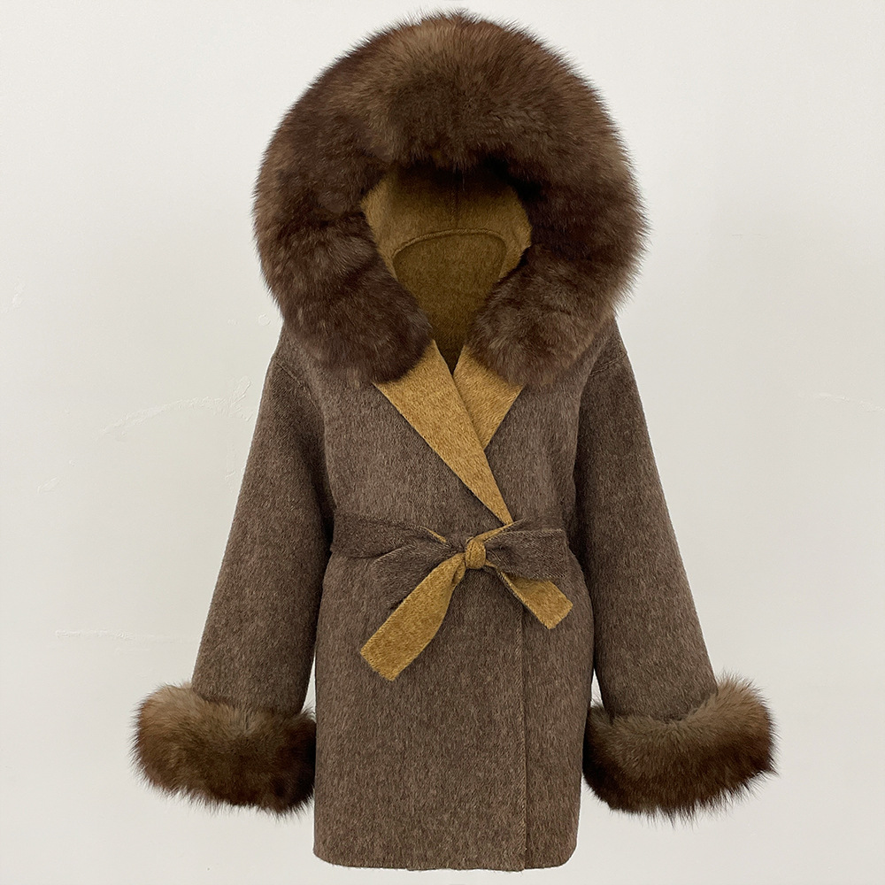 Picture of New Hooded Color-Blocked Fox Fur Collar Autumn and Winter Double-Sided Wool Outwear Women's Cloak Waist Thickeneded Woolen Outwear