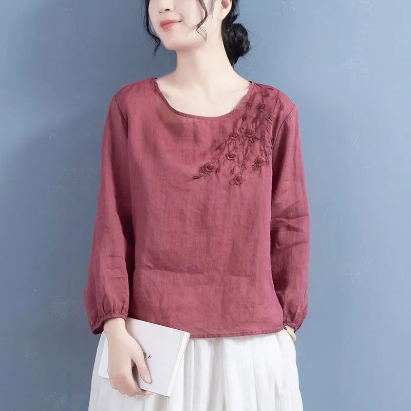 Picture of Chinese Style Shirt Women's 2023 New Spring Cotton and Linen Artistic Retro Embroidered Top Design Long Sleeve Thin Shirt