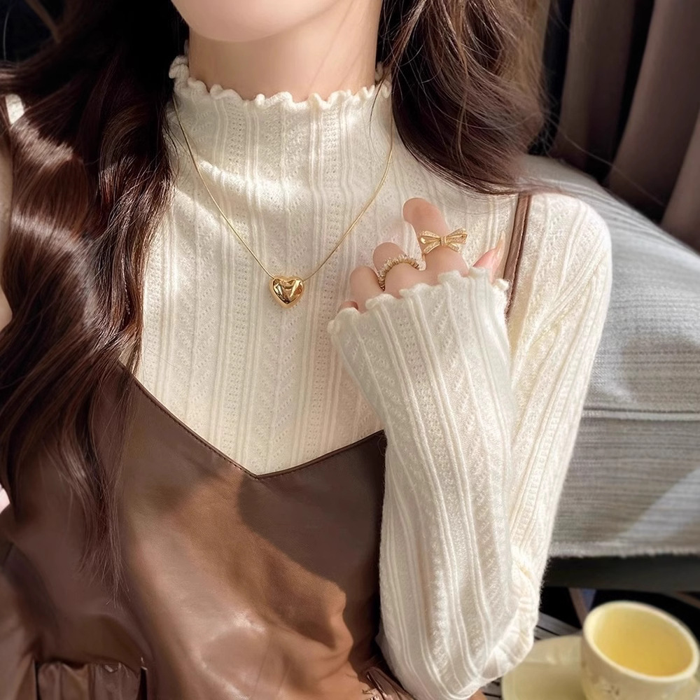 Auriculata Edge Knitted Shirt Half High Collar Base Shirt Women's Autumn and Winter White Base Sweater Women's Spring and Autumn New Top