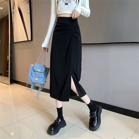 Picture of Summer Popular Large Size Chubby Girl Black Skirt Women's High Waist Slimming Mid-length Pleated Split A- Line Hip Skirt