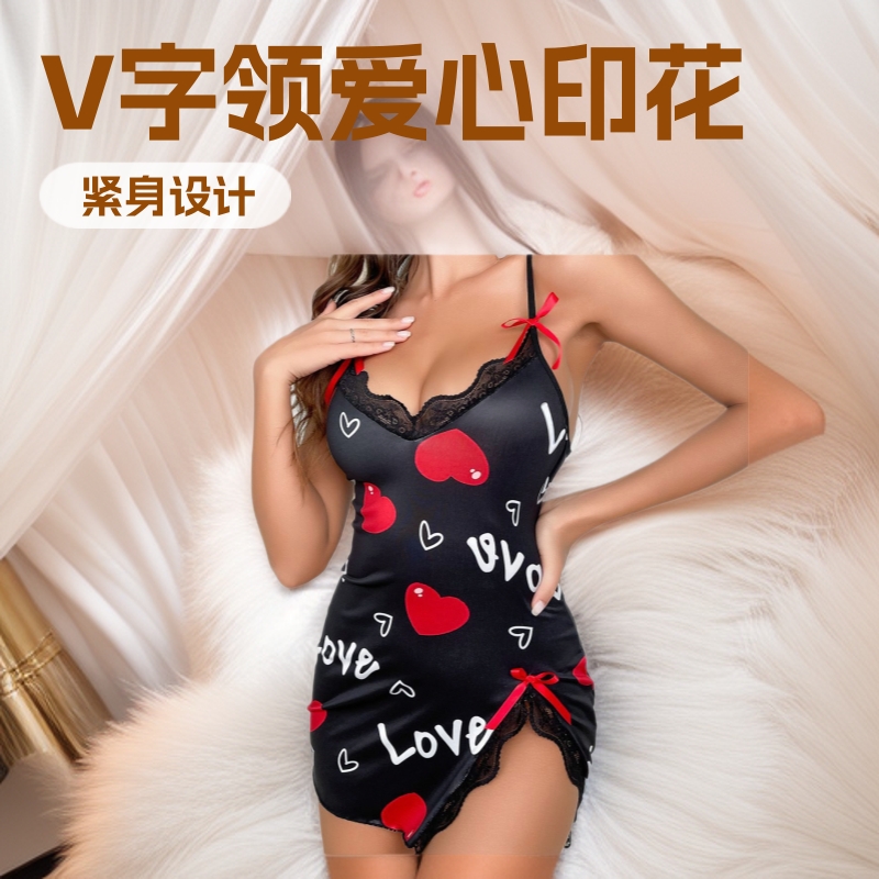 New Amazon Sexy Lingerie Sling Skirt European and American Foreign Trade Sexy Flirting Sling Love Printed Home Clothes