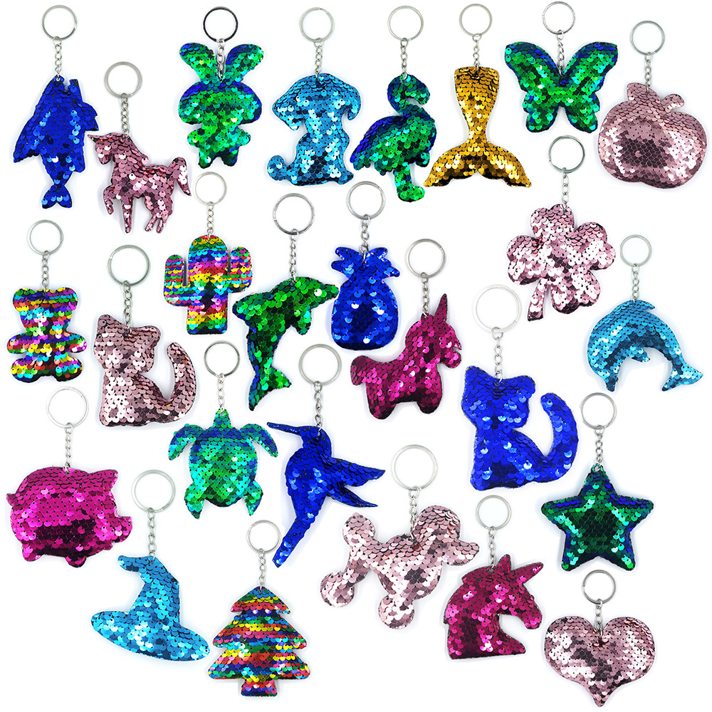 Cross-border Hot-selling Double-sided Reflective Fish Scale Sequin Keychain Cartoon Flora Fashion Women's Bag Pendant Gift