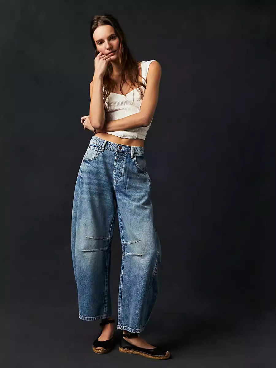 Cross-border European and American Fashion Casual Women's Elastic Loose Wide-leg Pants Low Waist Washed Denim Pants