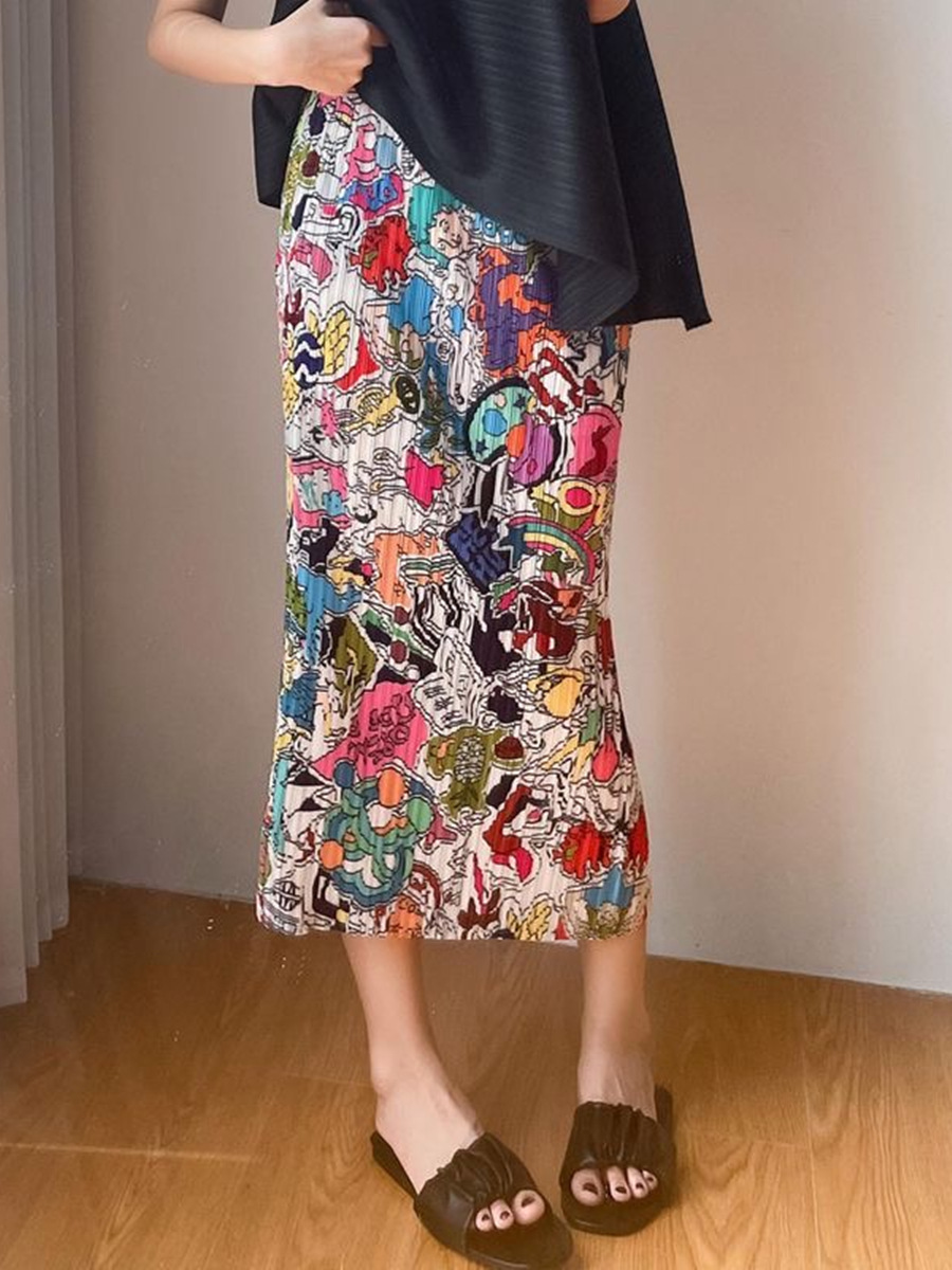 Picture of Niche design pleated skirt spring and summer thin elastic waist printed slimming age-reducing hip slit pleated skirt