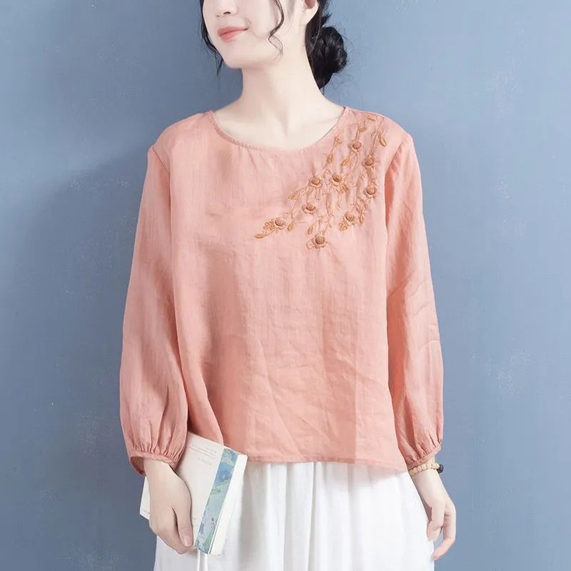 Picture of Chinese Style Shirt Women's 2023 New Spring Cotton and Linen Artistic Retro Embroidered Top Design Long Sleeve Thin Shirt