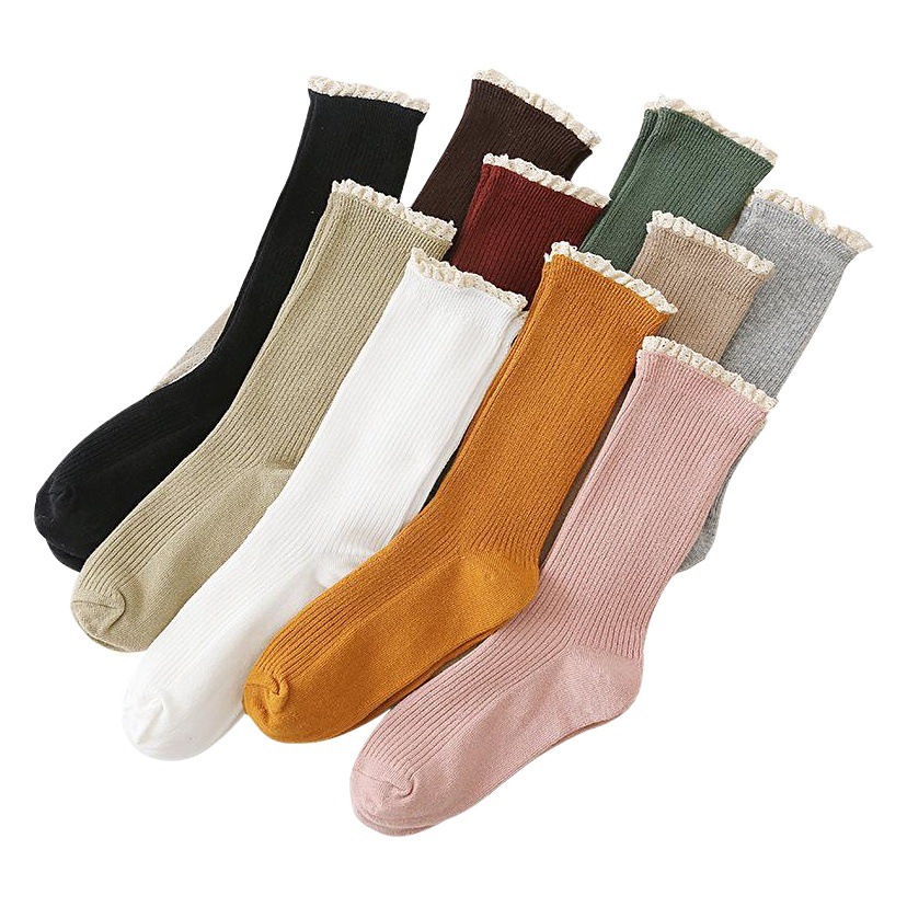 Lace Socks for Women, Pure Color Japanese Style Double-Needle Vertical Stripesd Mid-Calf Socks for Women, Cotton Pile Socks Wholesale