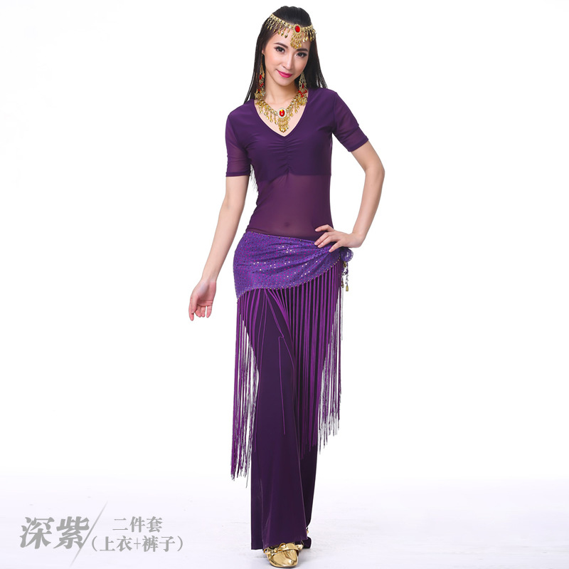 Picture of Dancer's Mid-crumpled Semi-transparent Yarn Short-sleeved Belly Dance Clothes Practice Clothes Clothing Practice Clothes suit New Summer