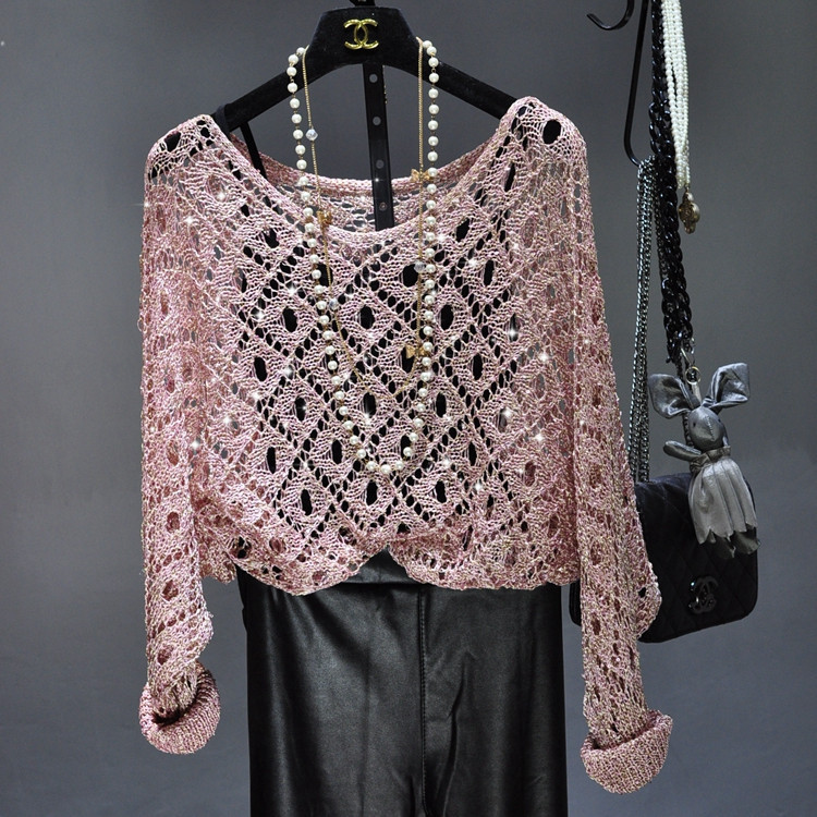 Han Eun Family Autumn and Winter Sequin Hollow Loose Gold Thorn Silk Overalls Bat Long Sleeve Round Neck Pullover Knitted